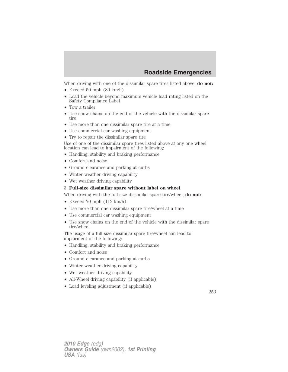 Roadside emergencies | FORD 2010 Edge v.1 User Manual | Page 253 / 328