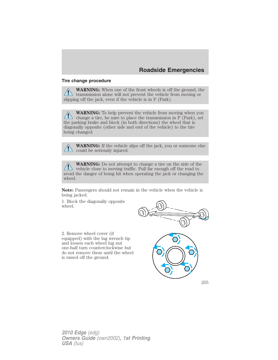 Tire change procedure, Roadside emergencies | FORD 2010 Edge v.1 User Manual | Page 255 / 328