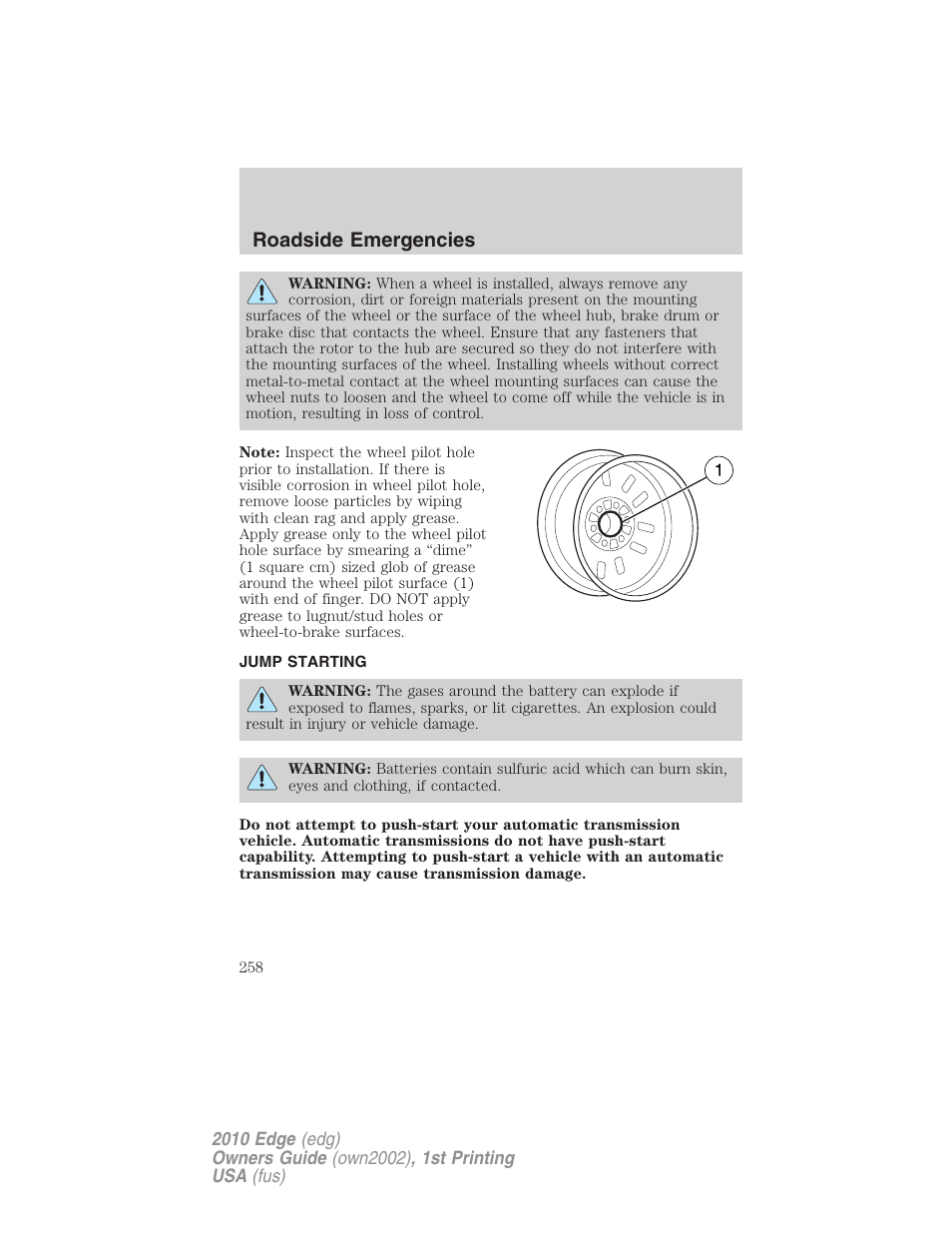 Jump starting, Roadside emergencies | FORD 2010 Edge v.1 User Manual | Page 258 / 328