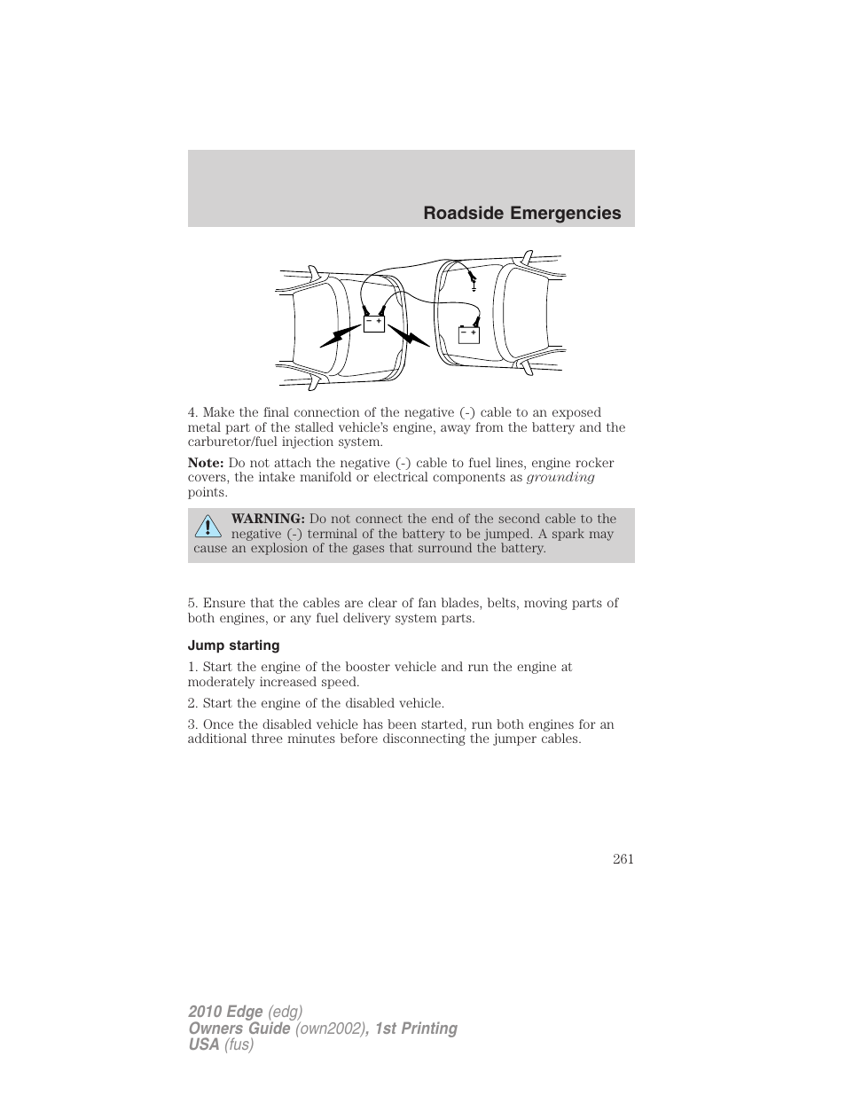 Jump starting, Roadside emergencies | FORD 2010 Edge v.1 User Manual | Page 261 / 328