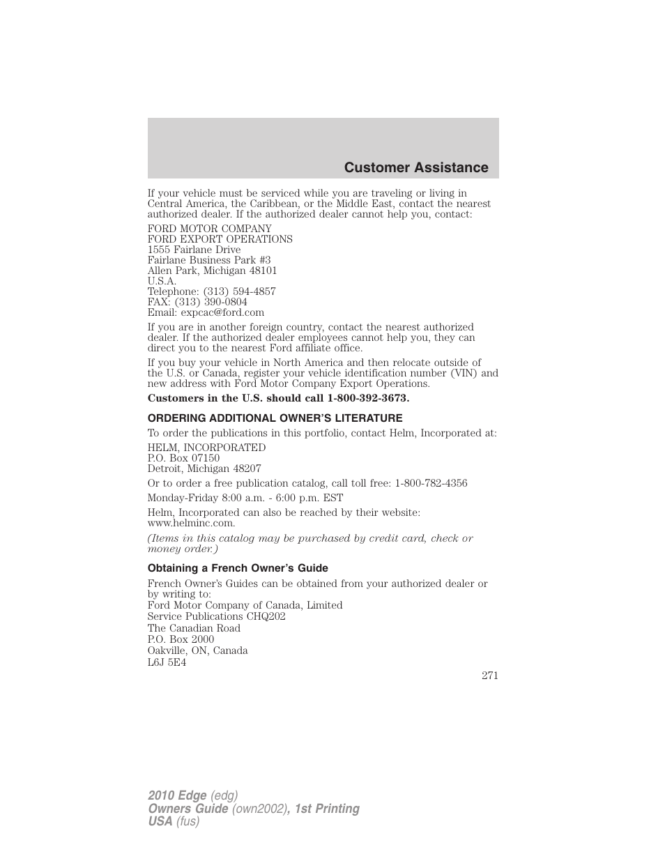 Ordering additional owner’s literature, Obtaining a french owner’s guide, Customer assistance | FORD 2010 Edge v.1 User Manual | Page 271 / 328