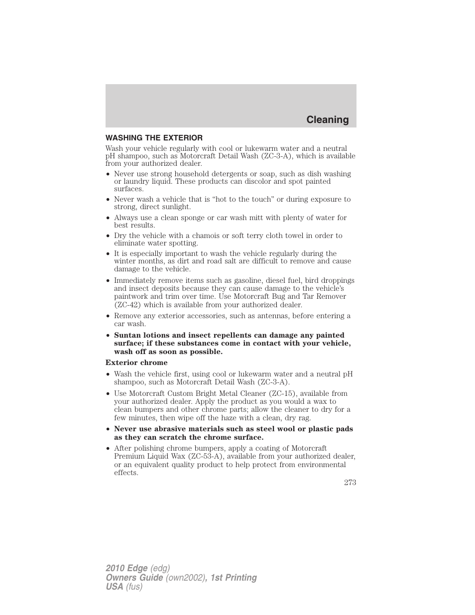 Cleaning, Washing the exterior | FORD 2010 Edge v.1 User Manual | Page 273 / 328