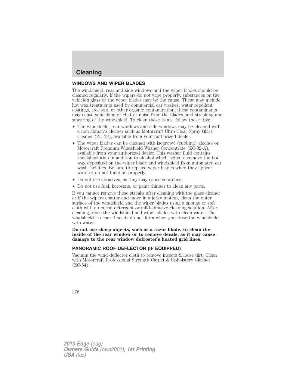 Windows and wiper blades, Panoramic roof deflector (if equipped), Cleaning | FORD 2010 Edge v.1 User Manual | Page 276 / 328