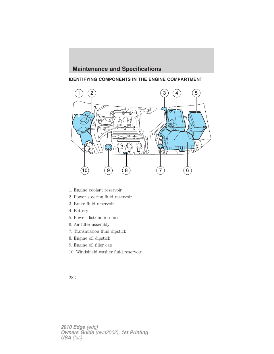 Identifying components in the engine compartment, Engine compartment, Maintenance and specifications | FORD 2010 Edge v.1 User Manual | Page 282 / 328