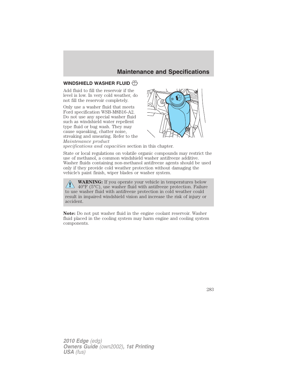 Windshield washer fluid, Maintenance and specifications | FORD 2010 Edge v.1 User Manual | Page 283 / 328