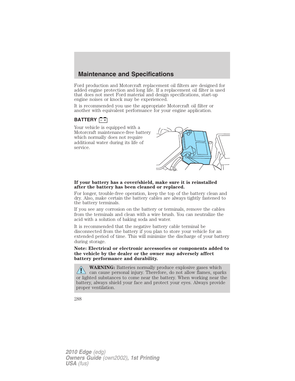 Battery, Maintenance and specifications | FORD 2010 Edge v.1 User Manual | Page 288 / 328