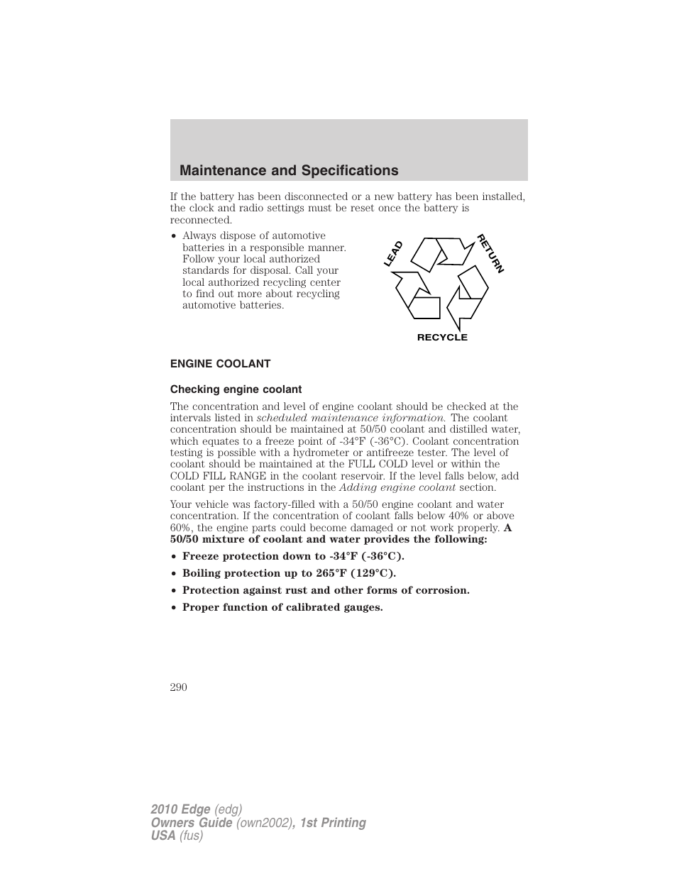 Engine coolant, Checking engine coolant, Maintenance and specifications | FORD 2010 Edge v.1 User Manual | Page 290 / 328