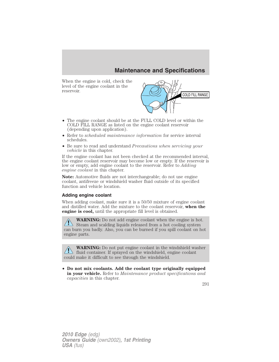 Adding engine coolant, Maintenance and specifications | FORD 2010 Edge v.1 User Manual | Page 291 / 328