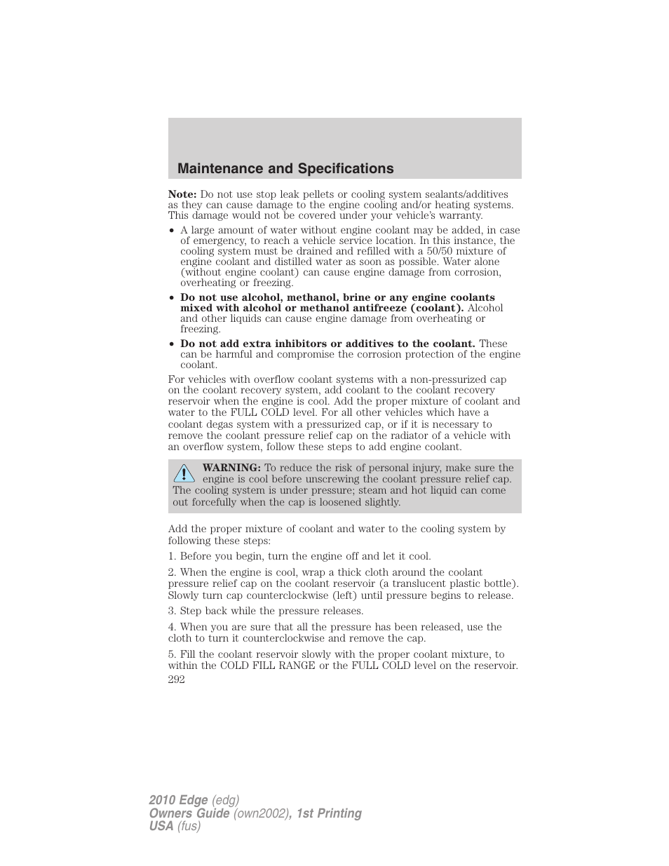 Maintenance and specifications | FORD 2010 Edge v.1 User Manual | Page 292 / 328