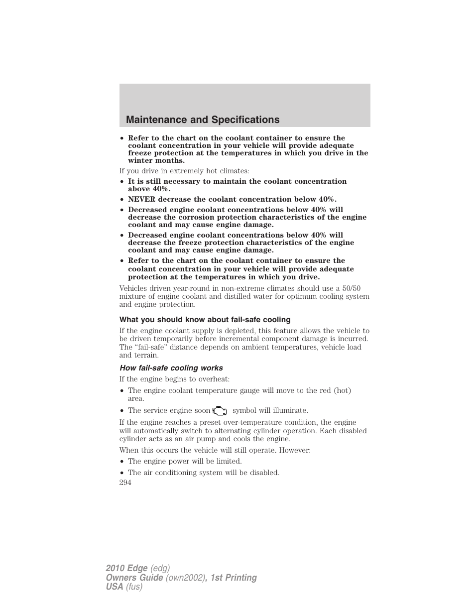 What you should know about fail-safe cooling, How fail-safe cooling works, Maintenance and specifications | FORD 2010 Edge v.1 User Manual | Page 294 / 328