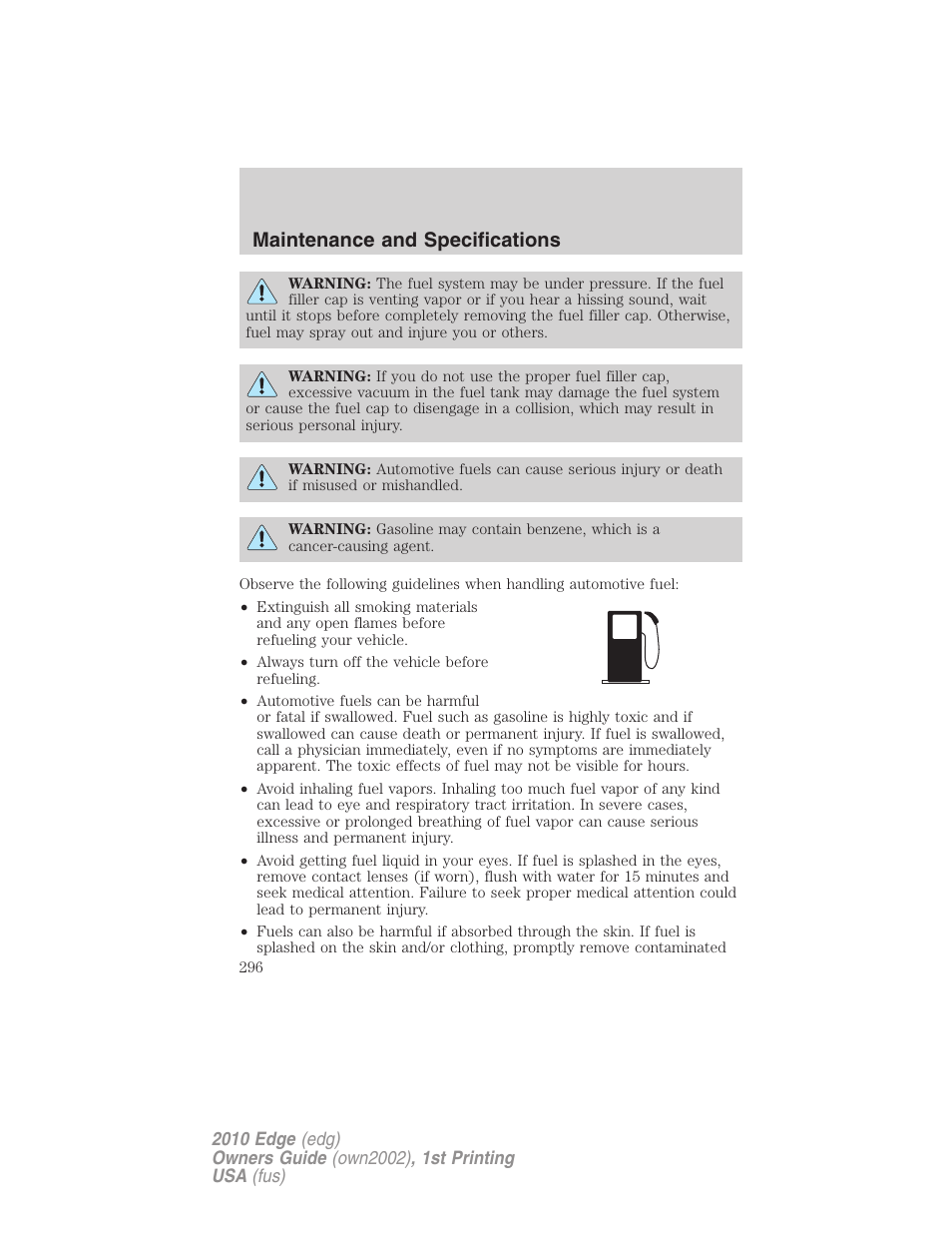 Maintenance and specifications | FORD 2010 Edge v.1 User Manual | Page 296 / 328