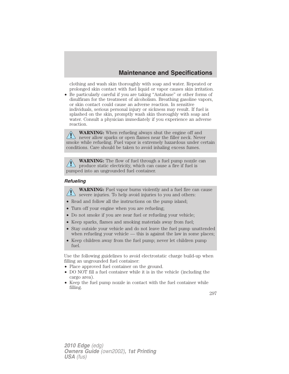 Refueling, Maintenance and specifications | FORD 2010 Edge v.1 User Manual | Page 297 / 328