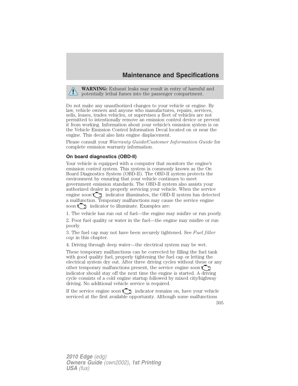 On board diagnostics (obd-ii), Maintenance and specifications | FORD 2010 Edge v.1 User Manual | Page 305 / 328