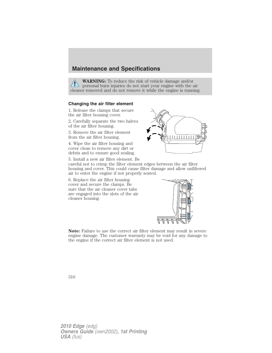 Changing the air filter element, Maintenance and specifications | FORD 2010 Edge v.1 User Manual | Page 310 / 328