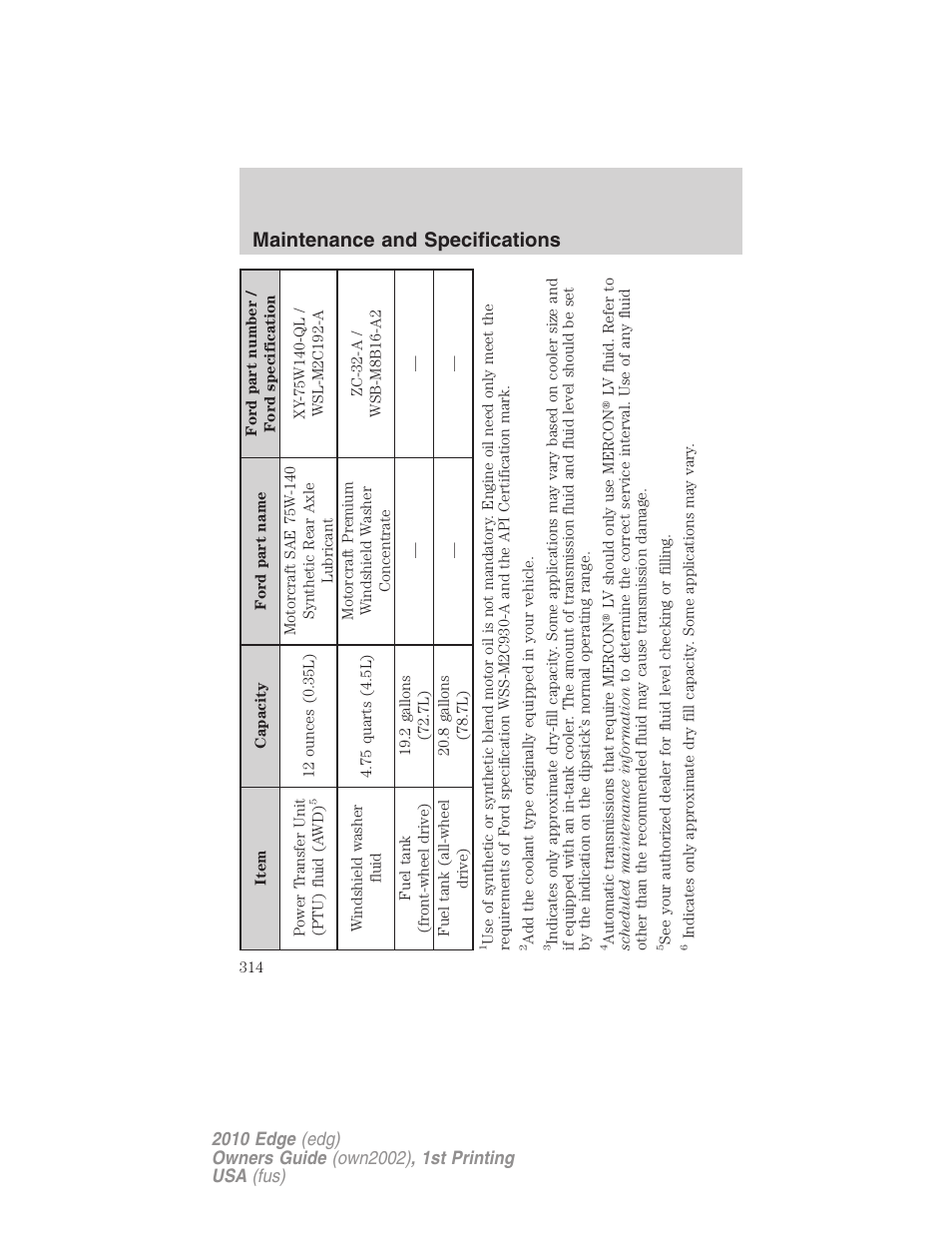 Maintenance and specifications | FORD 2010 Edge v.1 User Manual | Page 314 / 328