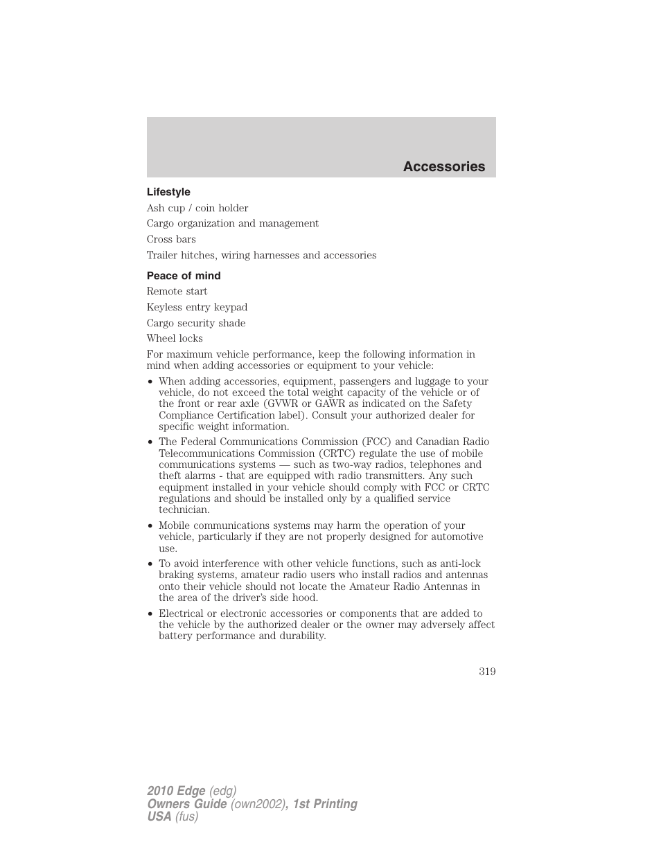 Lifestyle, Peace of mind, Accessories | FORD 2010 Edge v.1 User Manual | Page 319 / 328
