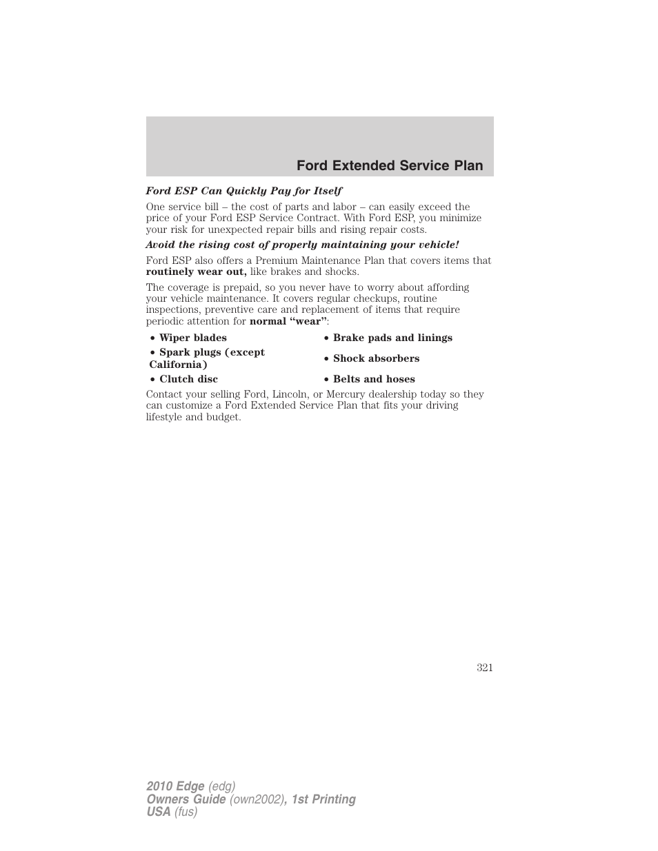 Ford extended service plan | FORD 2010 Edge v.1 User Manual | Page 321 / 328