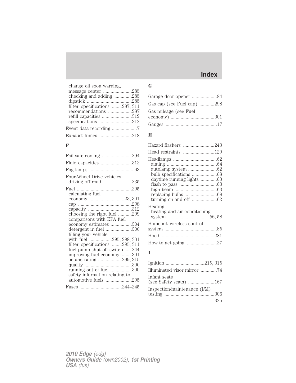 Index | FORD 2010 Edge v.1 User Manual | Page 325 / 328