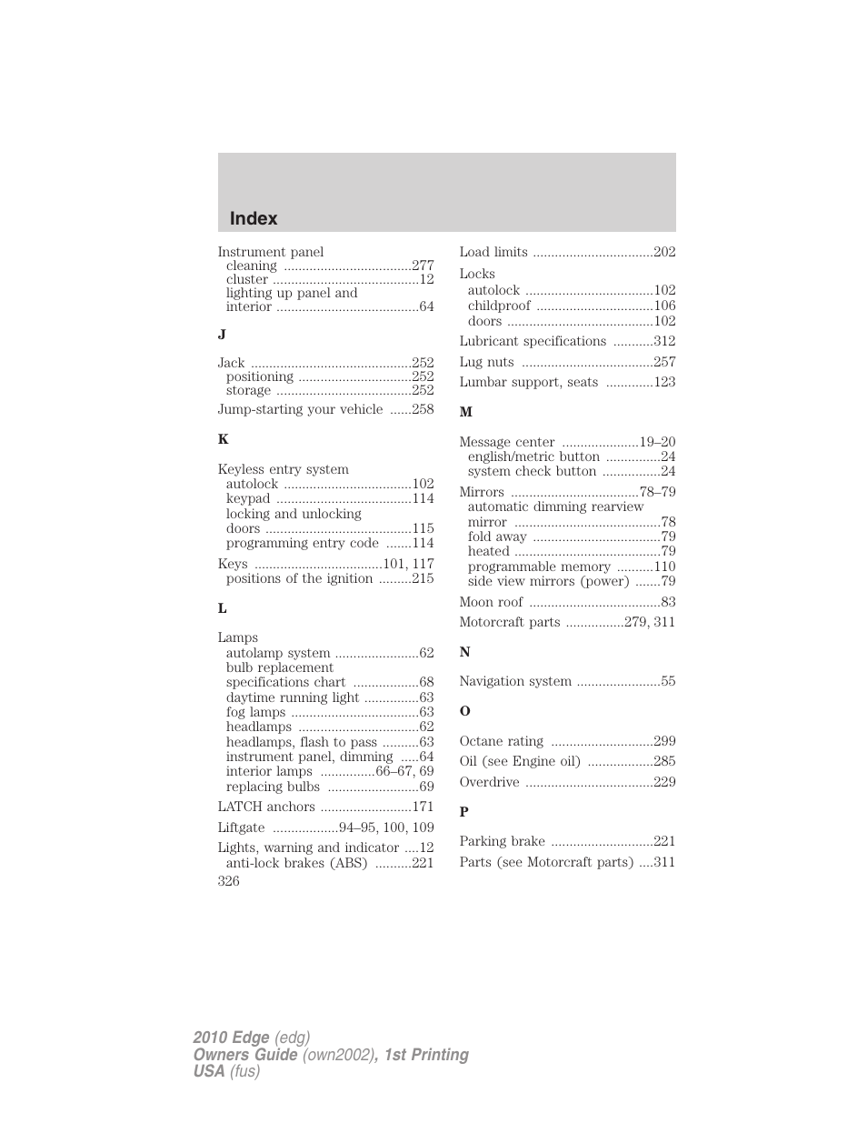 Index | FORD 2010 Edge v.1 User Manual | Page 326 / 328