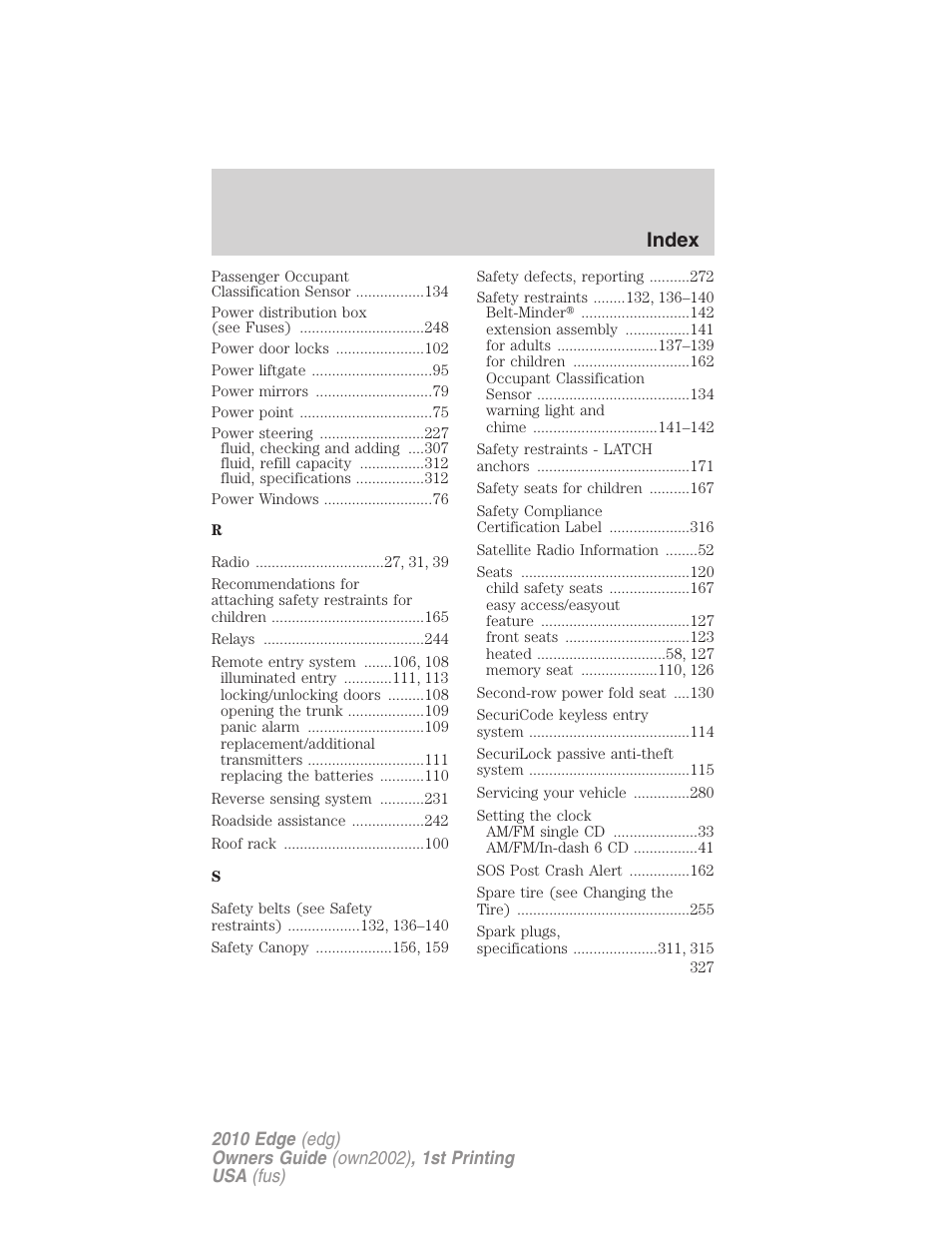 Index | FORD 2010 Edge v.1 User Manual | Page 327 / 328