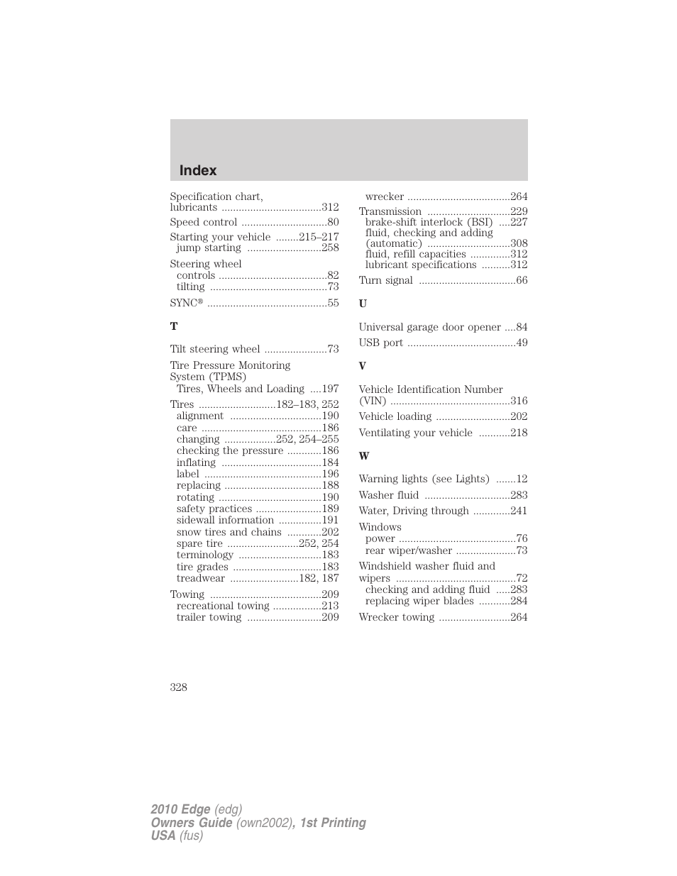 Index | FORD 2010 Edge v.1 User Manual | Page 328 / 328