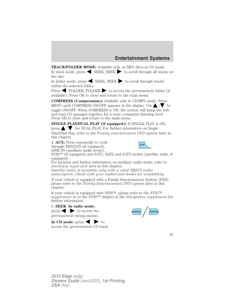 Entertainment systems | FORD 2010 Edge v.1 User Manual | Page 35 / 328