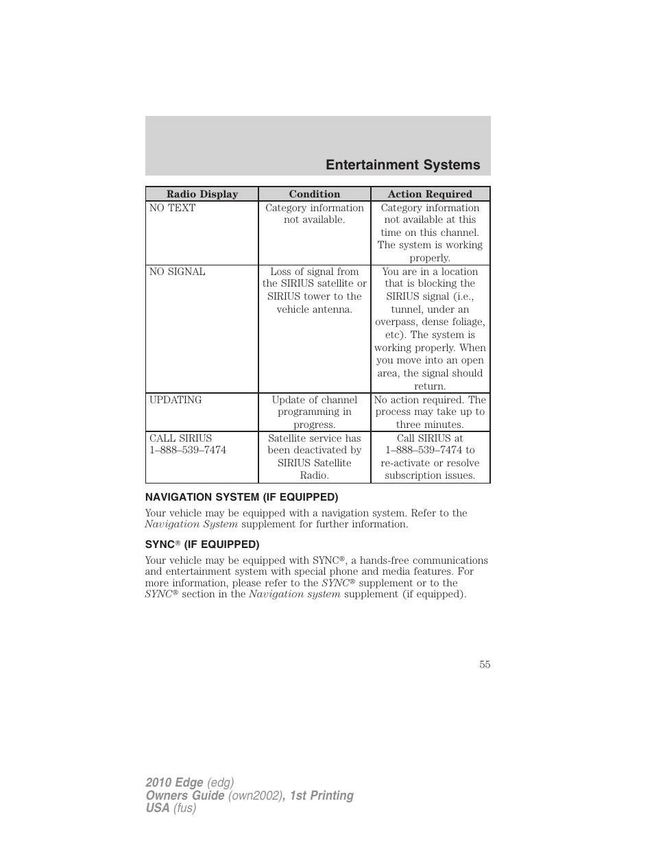 Navigation system (if equipped), Sync (if equipped), Navigation system | Sync, Entertainment systems | FORD 2010 Edge v.1 User Manual | Page 55 / 328