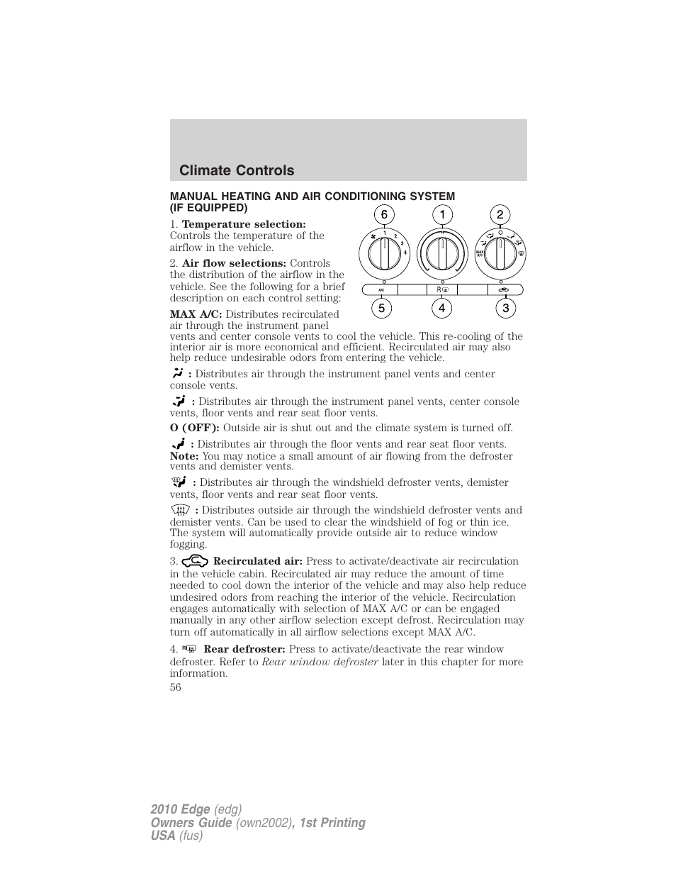 Climate controls, Manual heating and air conditioning | FORD 2010 Edge v.1 User Manual | Page 56 / 328