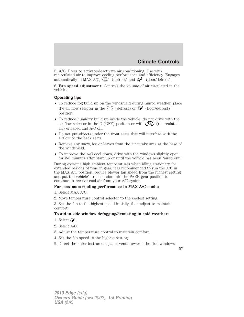 Operating tips, Climate controls | FORD 2010 Edge v.1 User Manual | Page 57 / 328