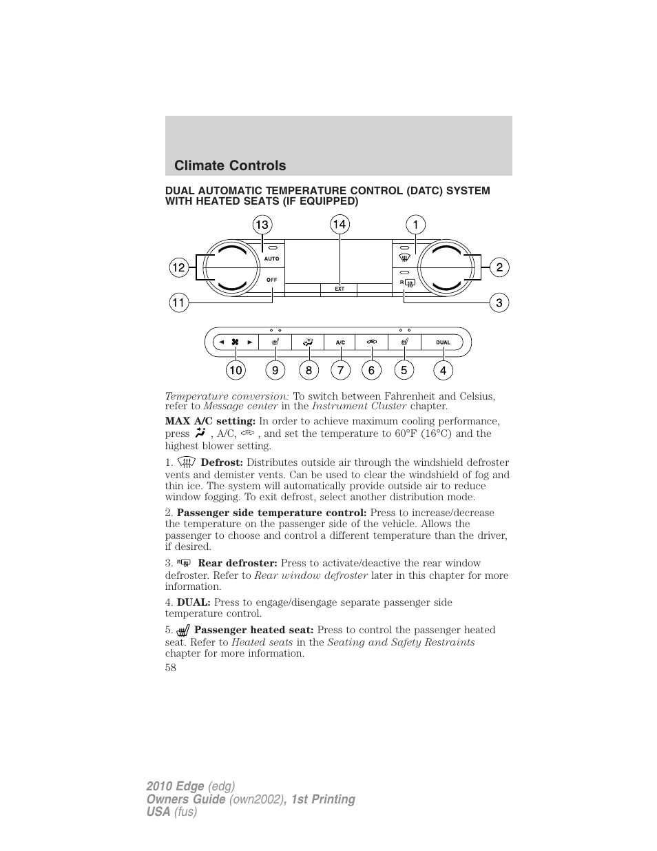 Automatic temperature control, Climate controls | FORD 2010 Edge v.1 User Manual | Page 58 / 328