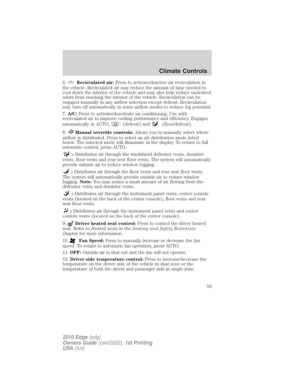 Climate controls | FORD 2010 Edge v.1 User Manual | Page 59 / 328