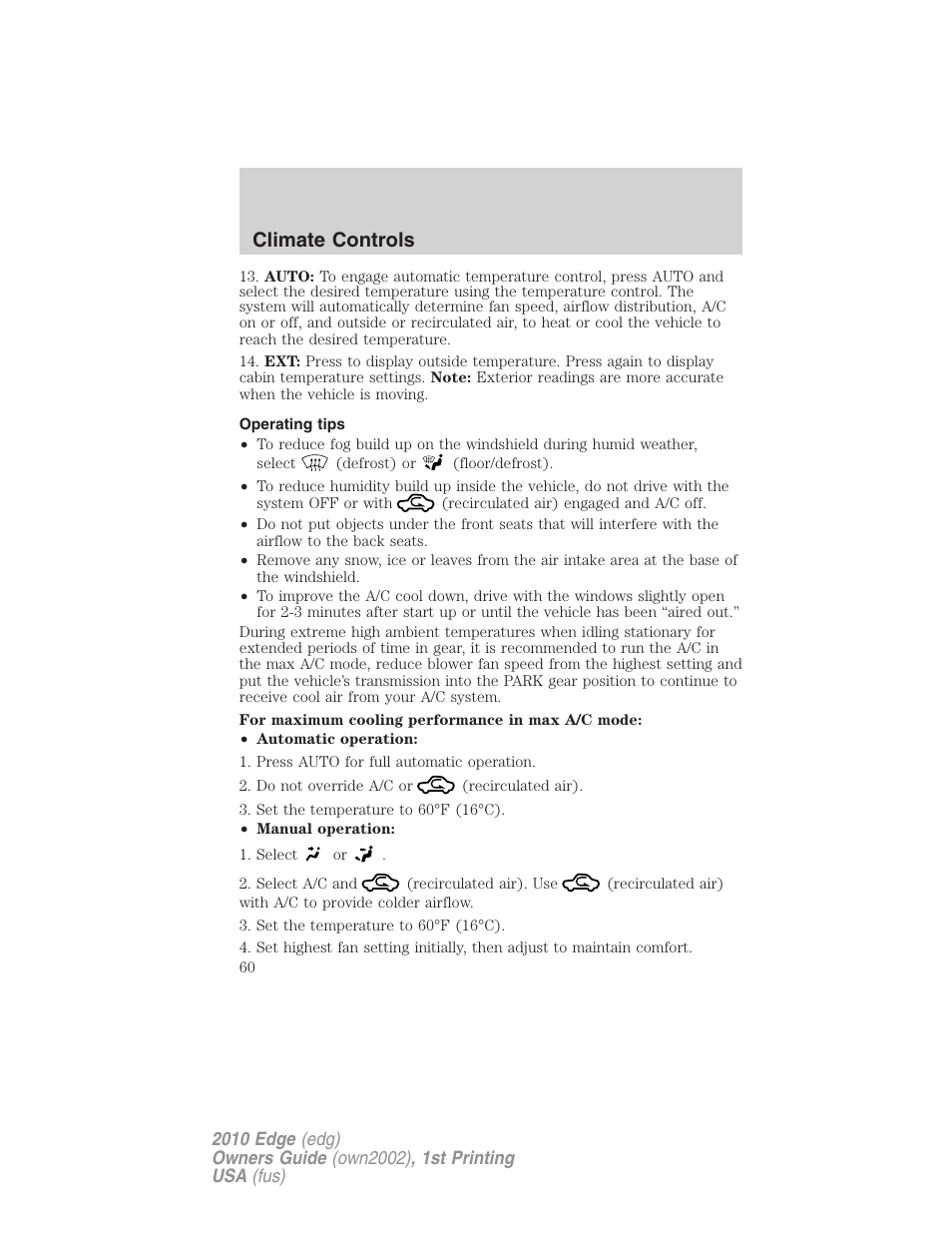 Operating tips, Climate controls | FORD 2010 Edge v.1 User Manual | Page 60 / 328