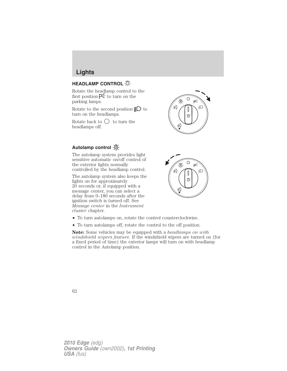 Lights, Headlamp control, Autolamp control | Headlamps | FORD 2010 Edge v.1 User Manual | Page 62 / 328