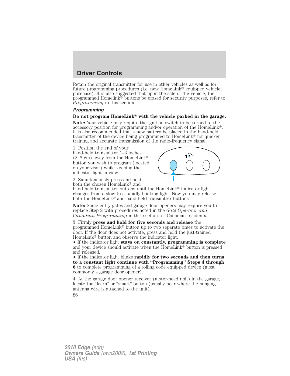 Programming, Driver controls | FORD 2010 Edge v.1 User Manual | Page 86 / 328