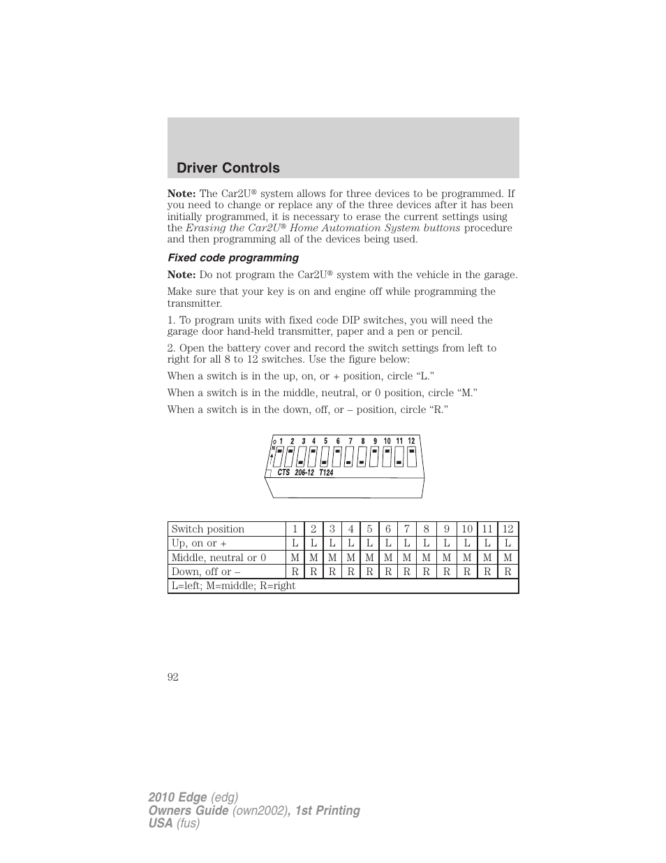Fixed code programming, Driver controls | FORD 2010 Edge v.1 User Manual | Page 92 / 328