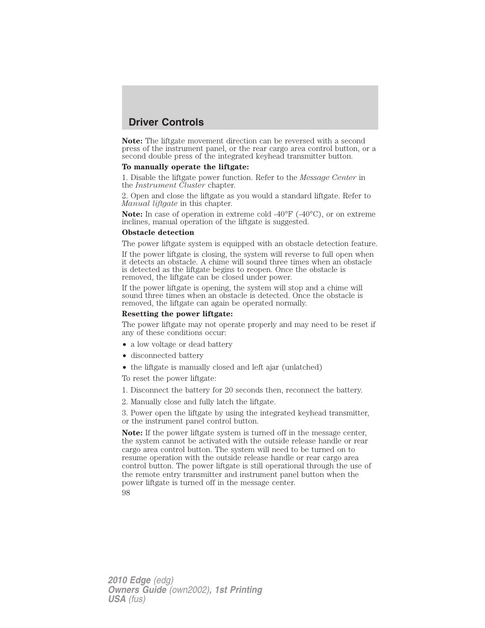 Driver controls | FORD 2010 Edge v.1 User Manual | Page 98 / 328