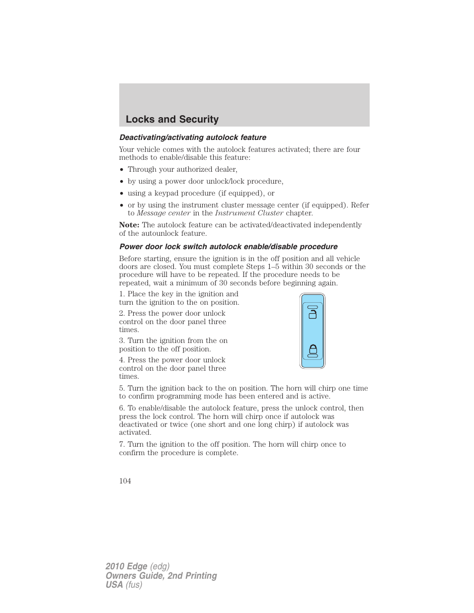 Deactivating/activating autolock feature, Locks and security | FORD 2010 Edge v.2 User Manual | Page 104 / 324