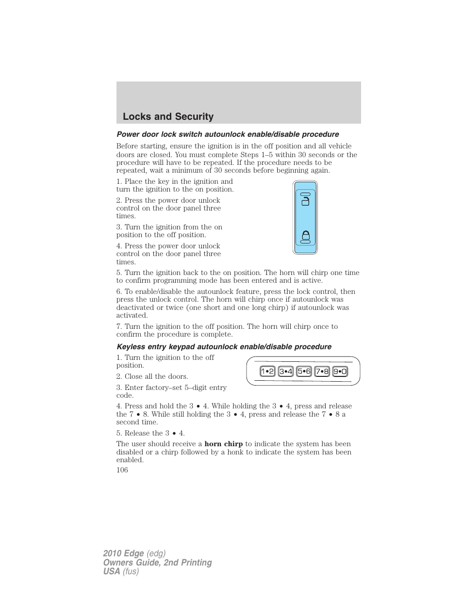 Locks and security | FORD 2010 Edge v.2 User Manual | Page 106 / 324