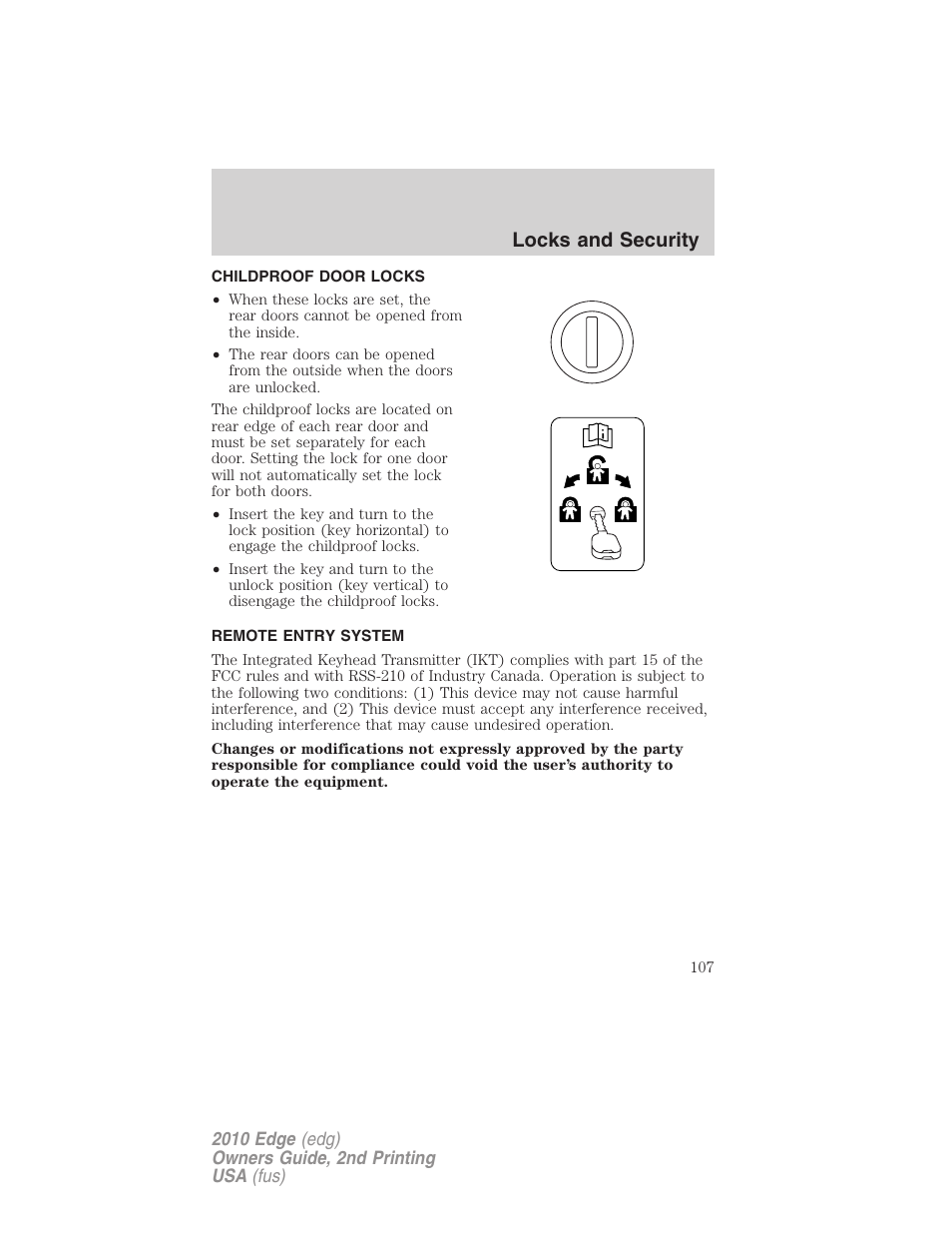 Childproof door locks, Remote entry system, Locks and security | FORD 2010 Edge v.2 User Manual | Page 107 / 324
