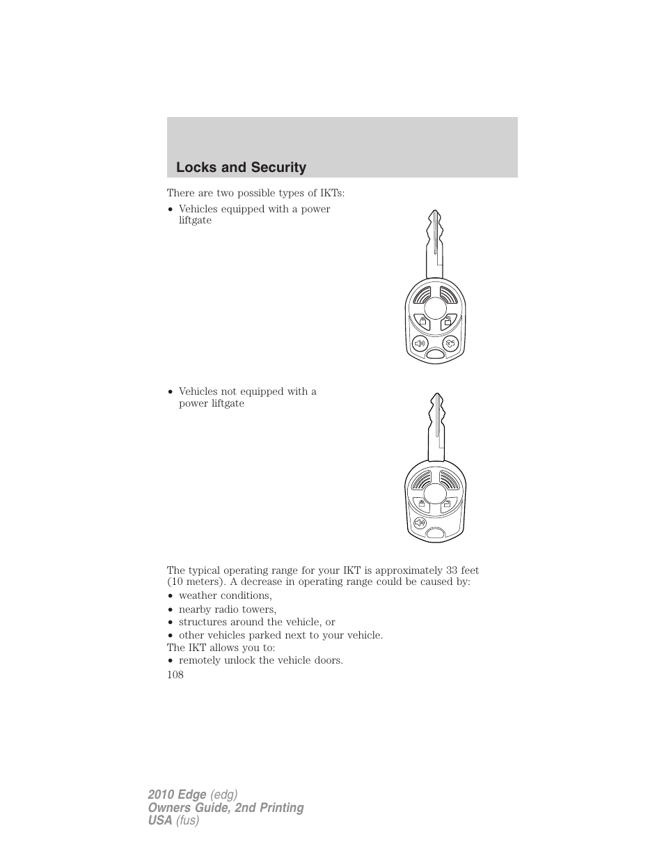 Locks and security | FORD 2010 Edge v.2 User Manual | Page 108 / 324