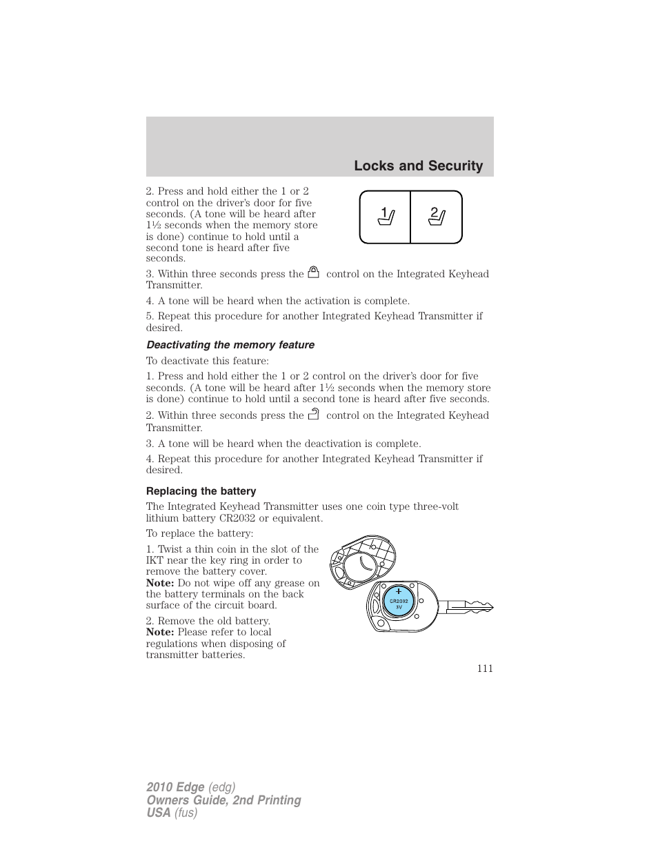 Deactivating the memory feature, Replacing the battery, Locks and security | FORD 2010 Edge v.2 User Manual | Page 111 / 324