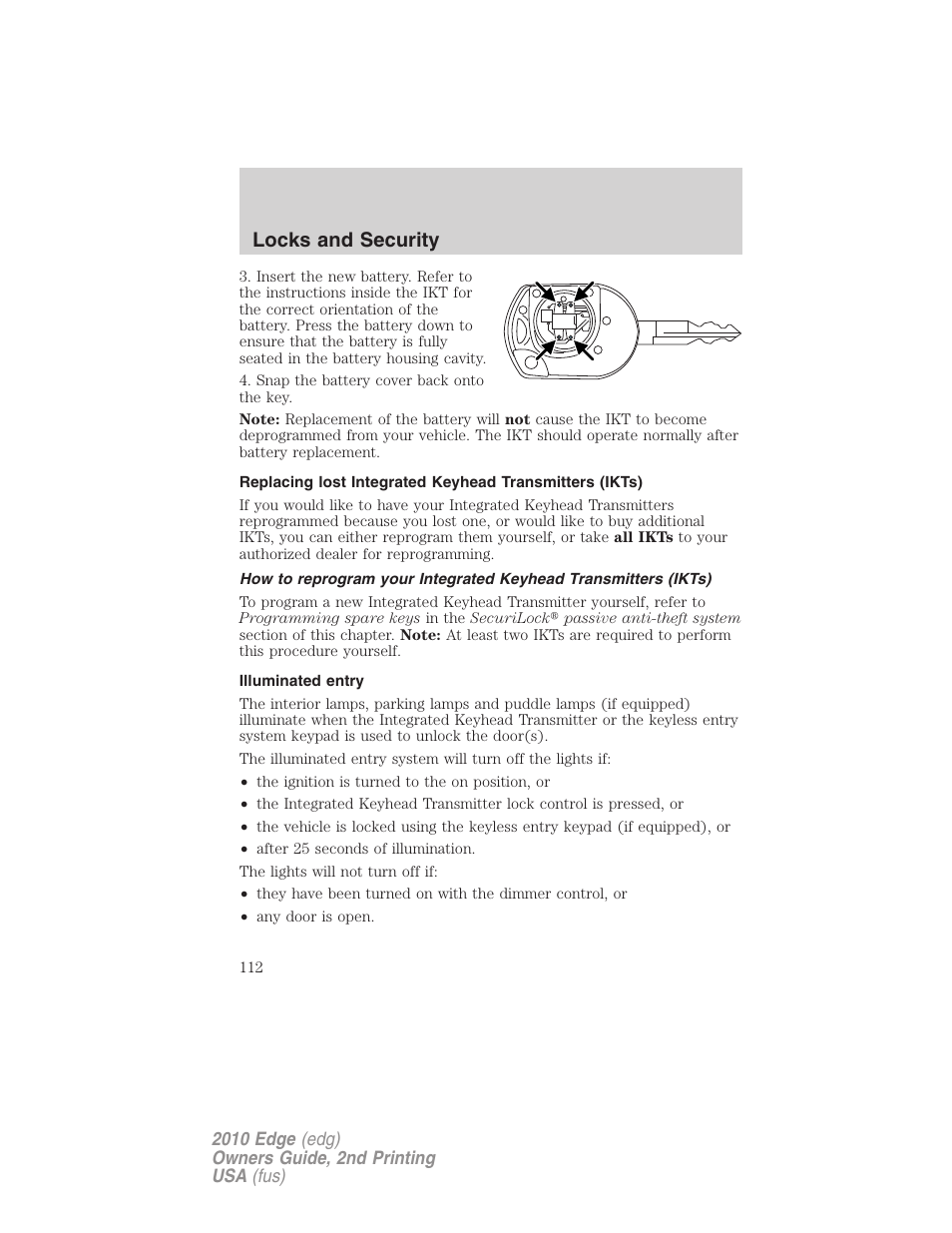 Illuminated entry, Locks and security | FORD 2010 Edge v.2 User Manual | Page 112 / 324