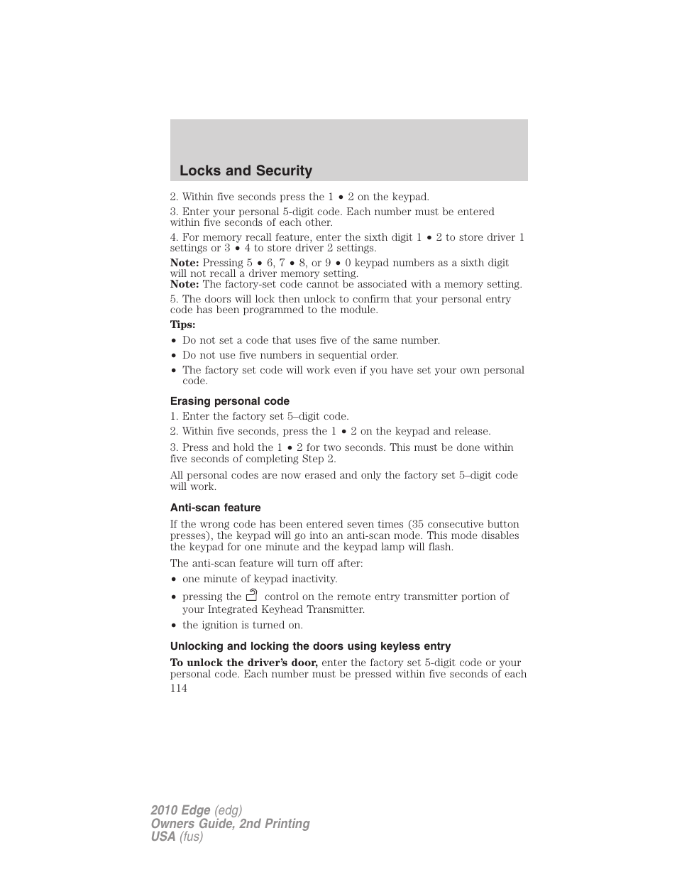 Erasing personal code, Anti-scan feature, Locks and security | FORD 2010 Edge v.2 User Manual | Page 114 / 324