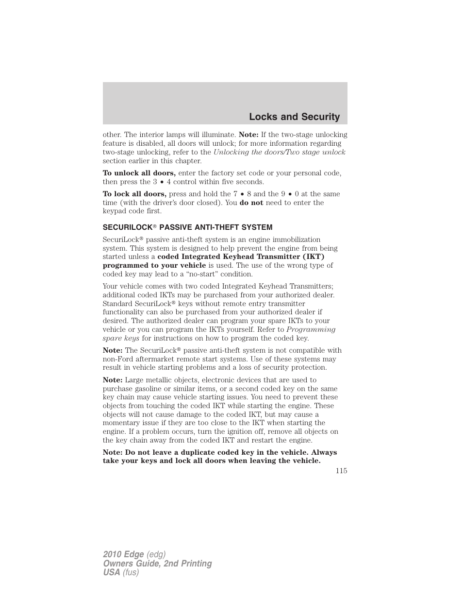 Securilock passive anti-theft system, Anti-theft system, Locks and security | FORD 2010 Edge v.2 User Manual | Page 115 / 324