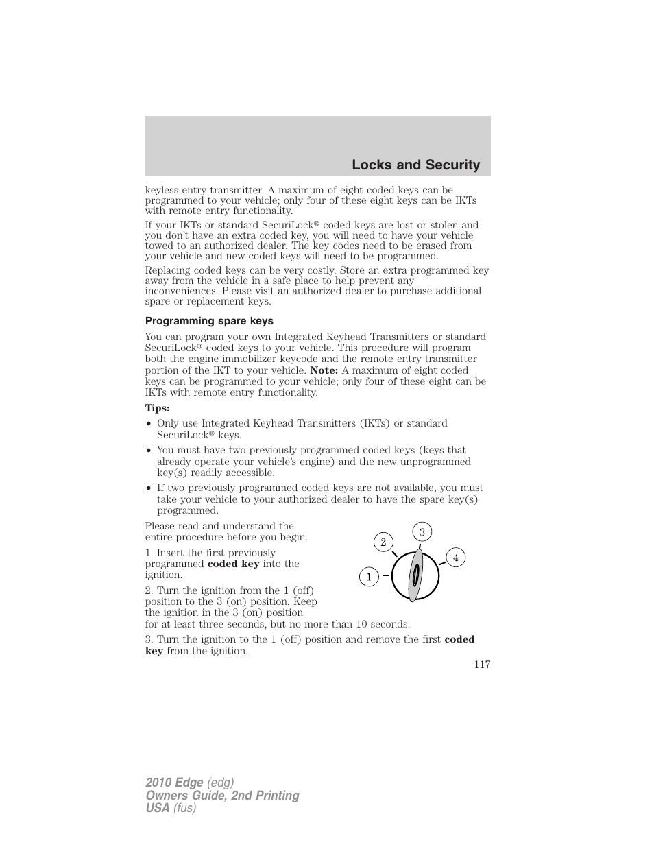 Programming spare keys, Locks and security | FORD 2010 Edge v.2 User Manual | Page 117 / 324