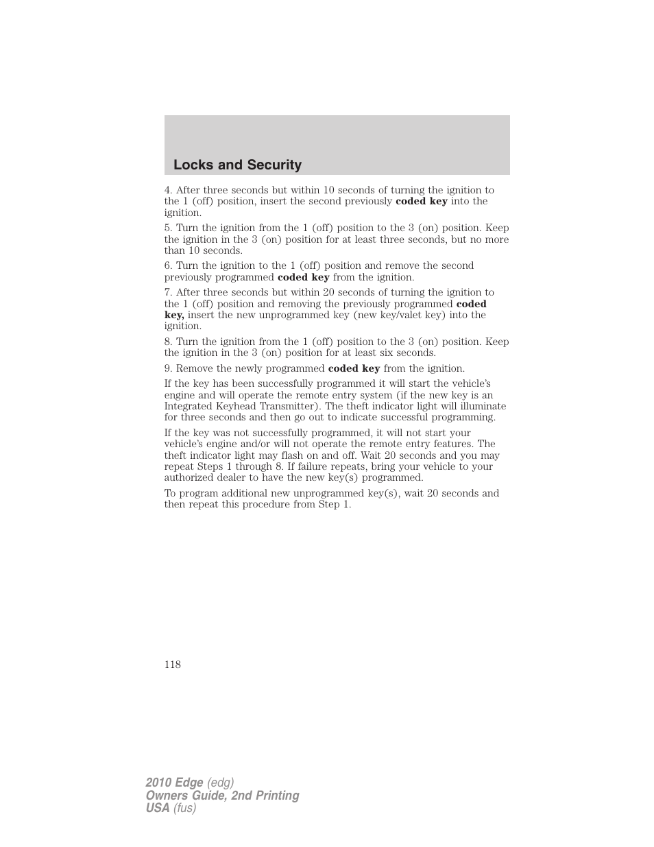 Locks and security | FORD 2010 Edge v.2 User Manual | Page 118 / 324