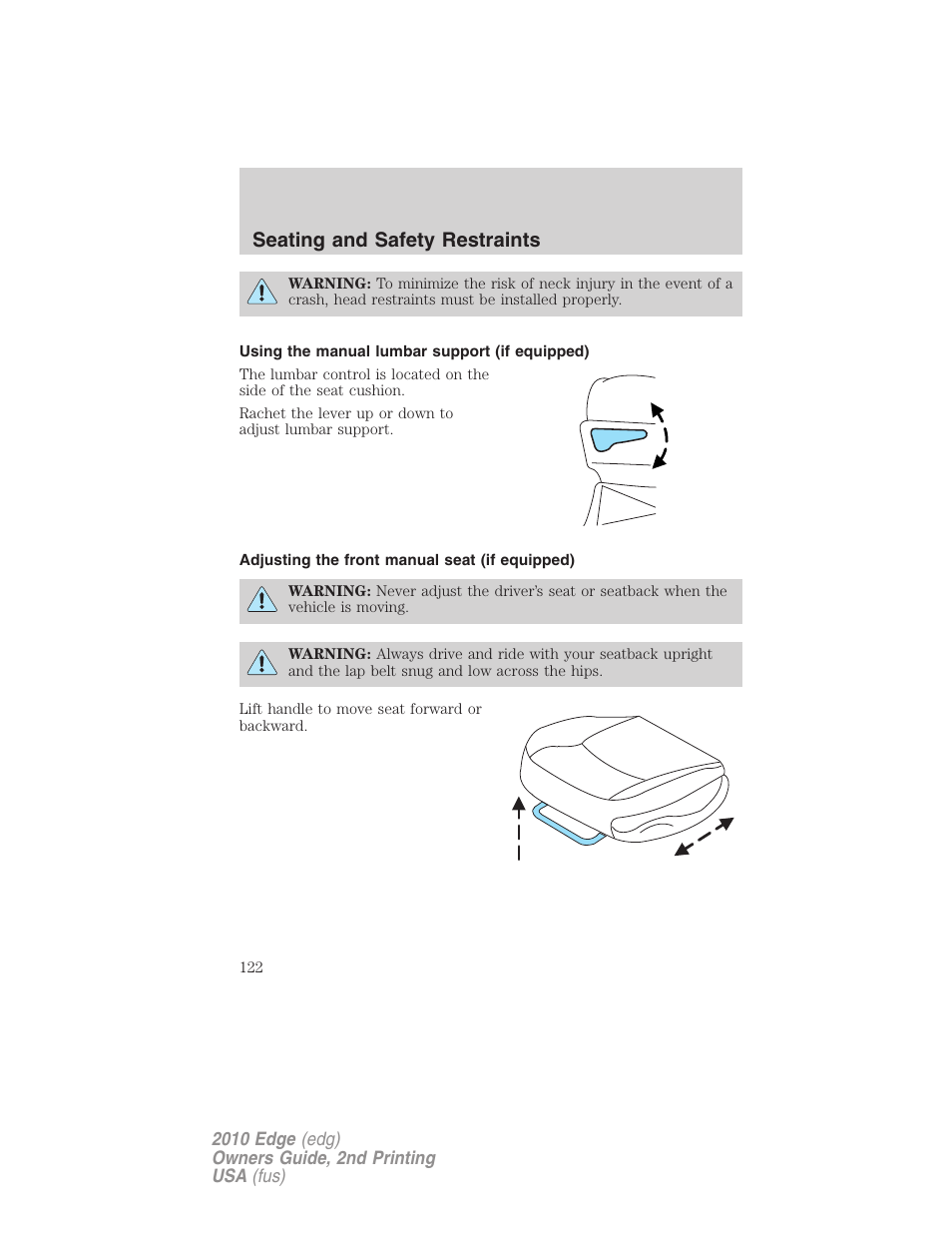 Using the manual lumbar support (if equipped), Adjusting the front manual seat (if equipped), Seating and safety restraints | FORD 2010 Edge v.2 User Manual | Page 122 / 324