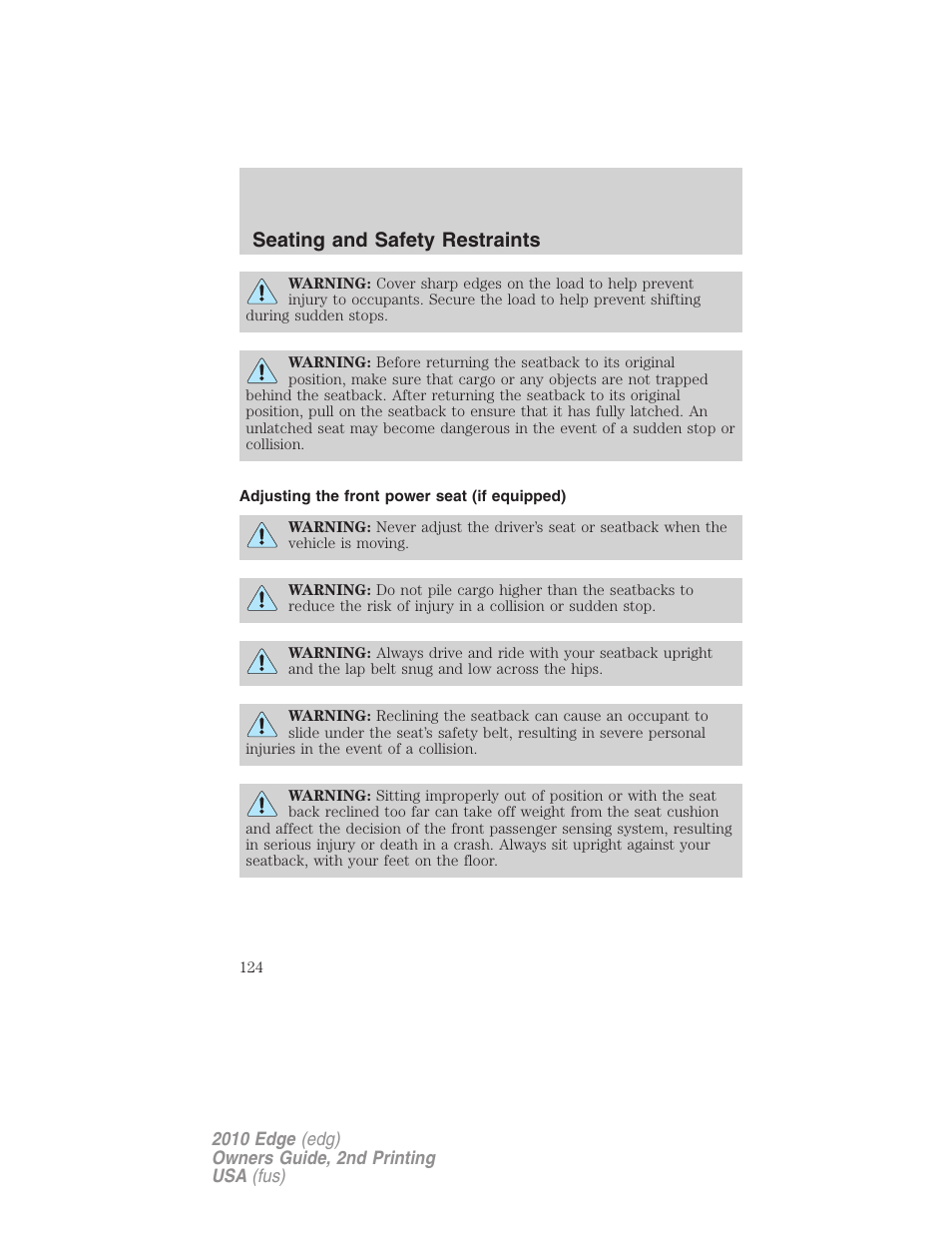Adjusting the front power seat (if equipped), Seating and safety restraints | FORD 2010 Edge v.2 User Manual | Page 124 / 324
