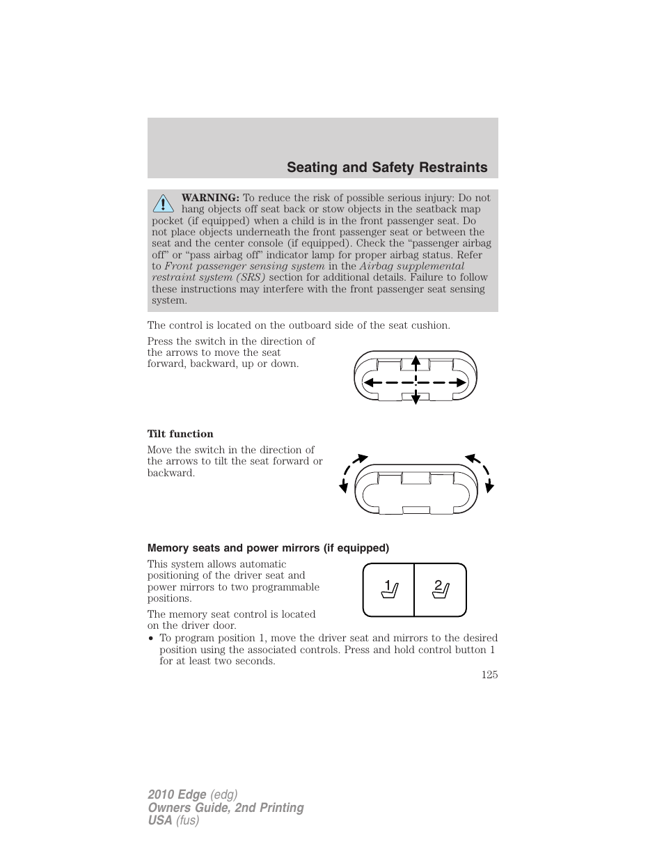 Memory seats and power mirrors (if equipped), Seating and safety restraints | FORD 2010 Edge v.2 User Manual | Page 125 / 324