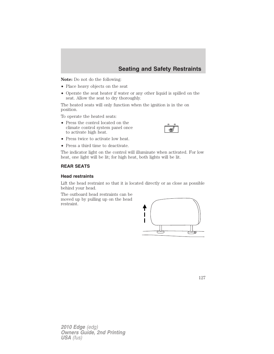 Rear seats, Head restraints, Seating and safety restraints | FORD 2010 Edge v.2 User Manual | Page 127 / 324